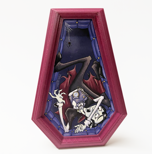 Illustrated Dracula in a custom designed, 3D printed frame.