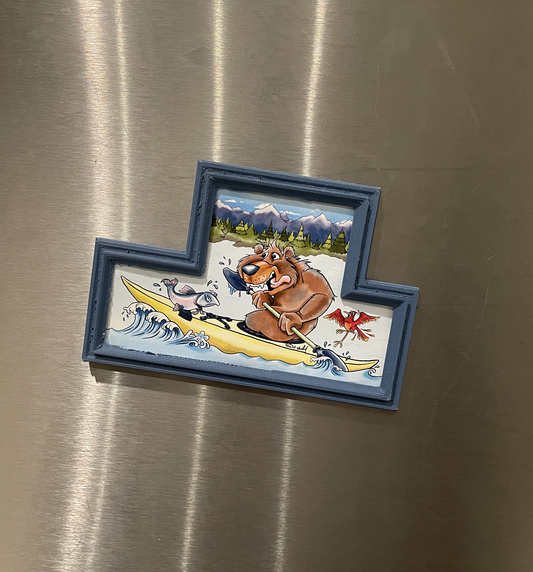 Illustrated Bear Magnet in custom designed 3D printed frame.